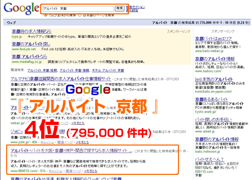 アルバイト京都でのヤッパシゴト検索結果
